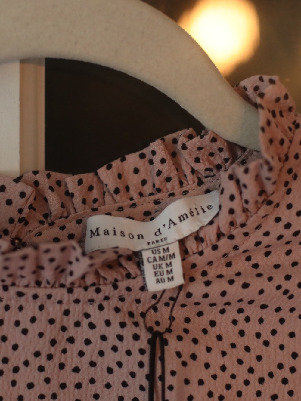NWT Maison d’Amelie Medium Rose Pink Black Polka Dot Ruffle Neck Blouse - Picture 6 of 9